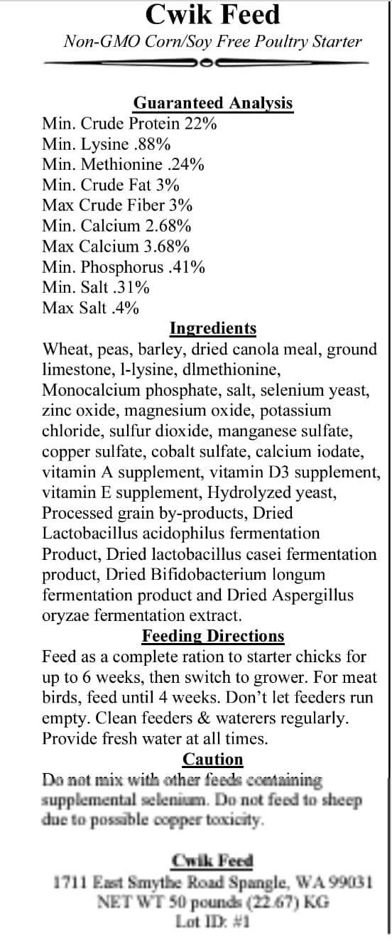 Cwik 21% Chick Starter Feed Non Corn/Soy/GMO 50 lb Bag | Simple Little Farm