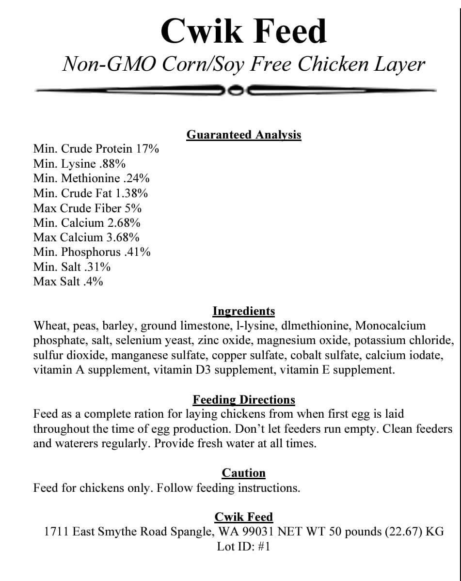 Cwik 17% Layer Feed Non Corn/Soy/GMO 50 lb bag | Simple Little Farm